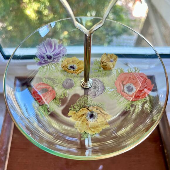Vintage Chance Glass Anemone Flowers Pattern Small Tidbit Tray / Trinket Dish - Picture 3 of 14